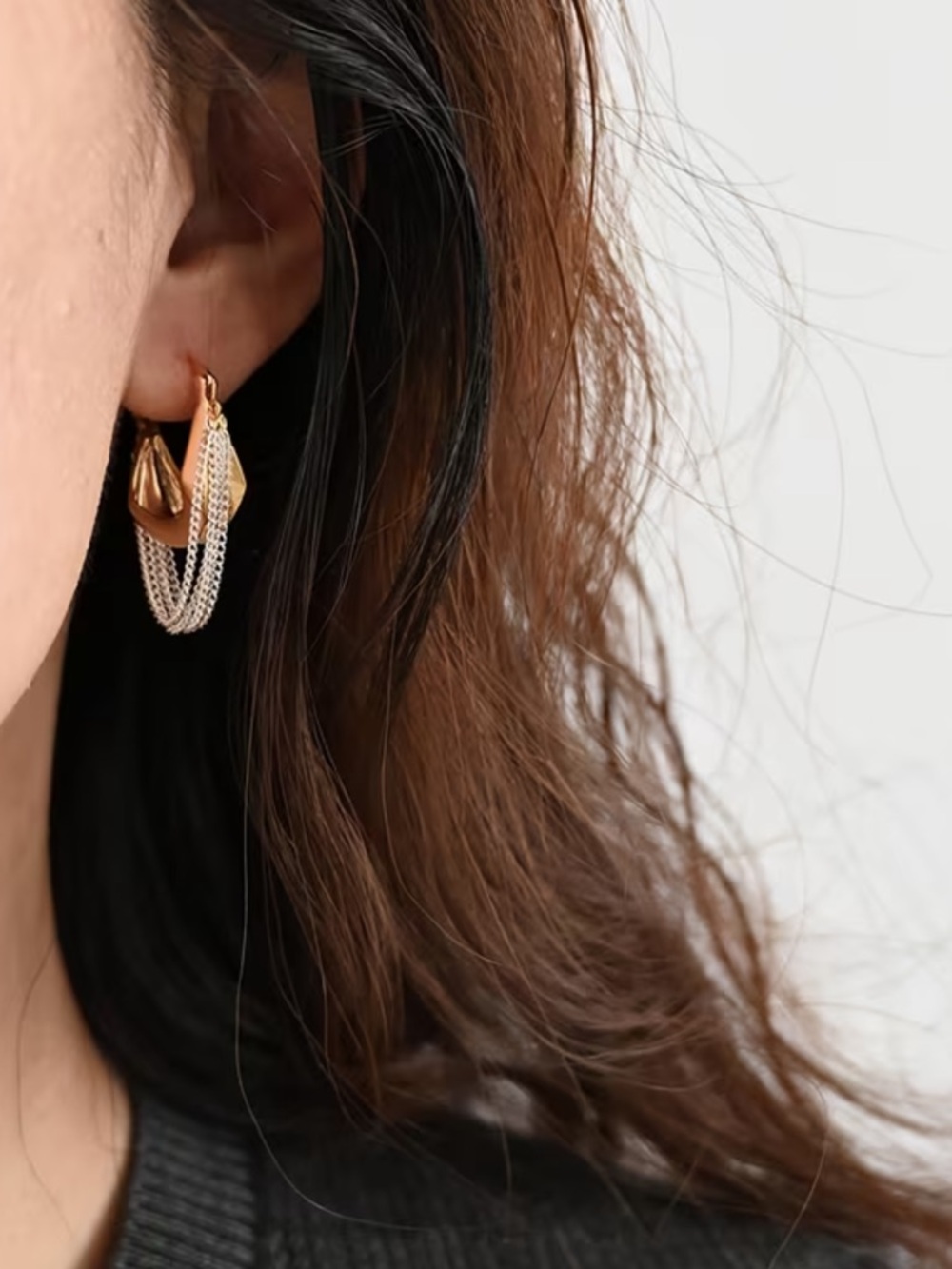 Gold and Silver Chain Hoop Earrings - Women's Two-Tone Fashion Jewelry